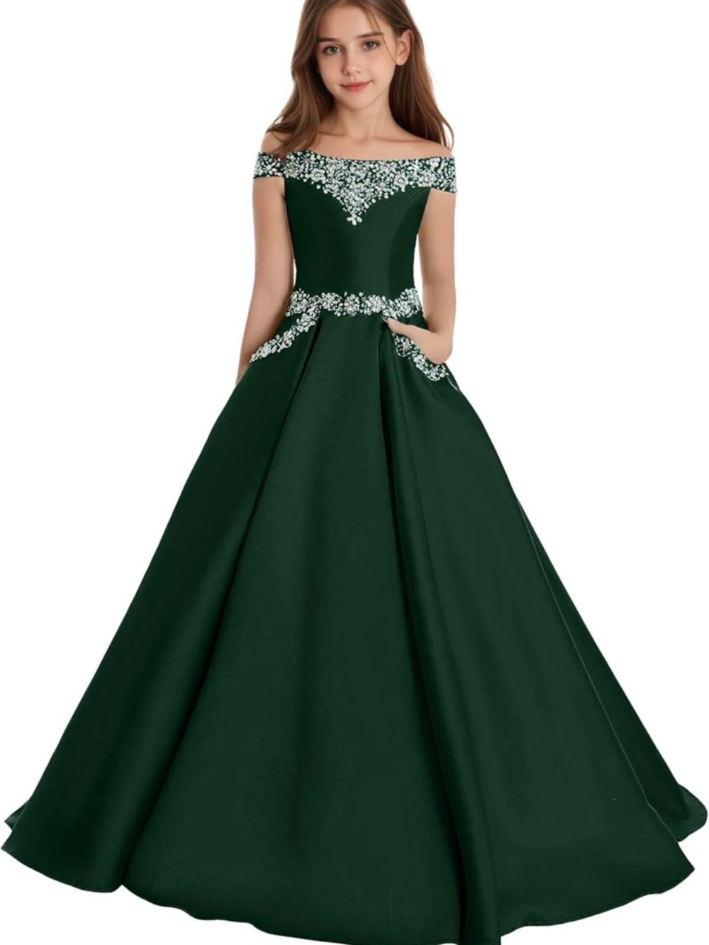 Girls' Emerald Off-Shoulder Formal Gown with Floral Embellishments